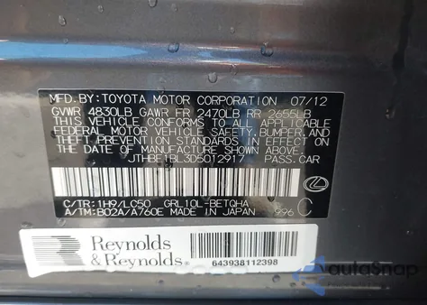 2013 Lexus Gs 350 из США, поврежденный, VIN JTHBE1BL3D5012917